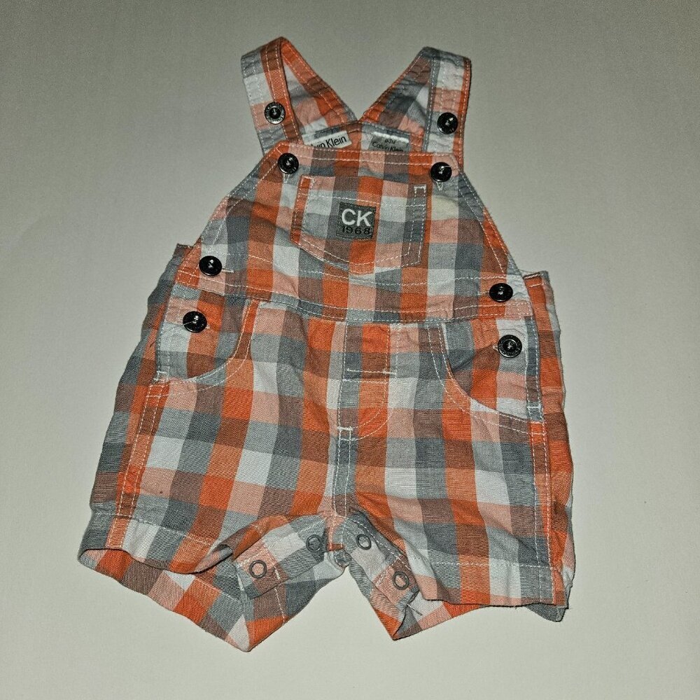 Calvin Klein CK Baby Shortalls 0-3 Months Gray Coral White Plaid Shorts Overalls